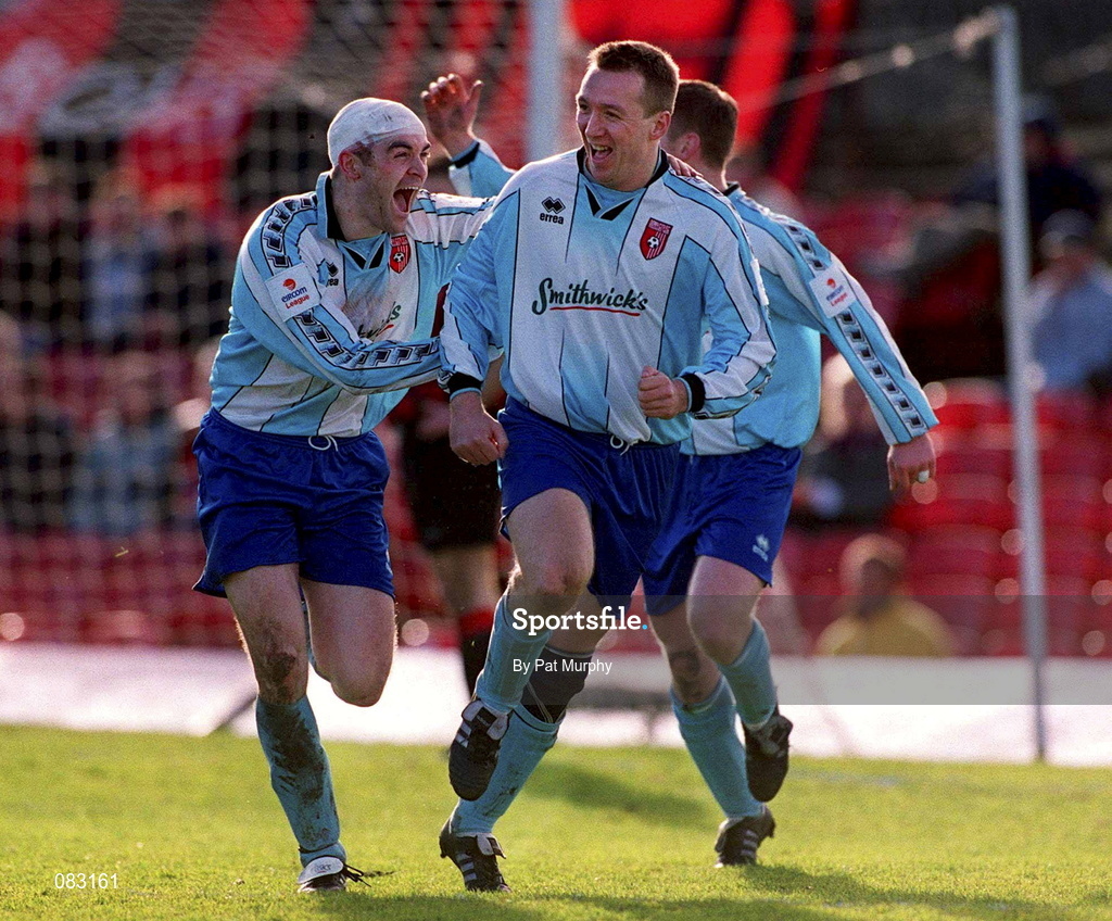 10 March 2002; Liam Coyle of Derry City, centre, celebrates with team-mates after scoring a goal for his side during the Carlsberg FAI Cup Semi-Final match between Bohemians and Derry City at Dalymount Park in Dublin. Photo by Pat Murphy/Sportsfile