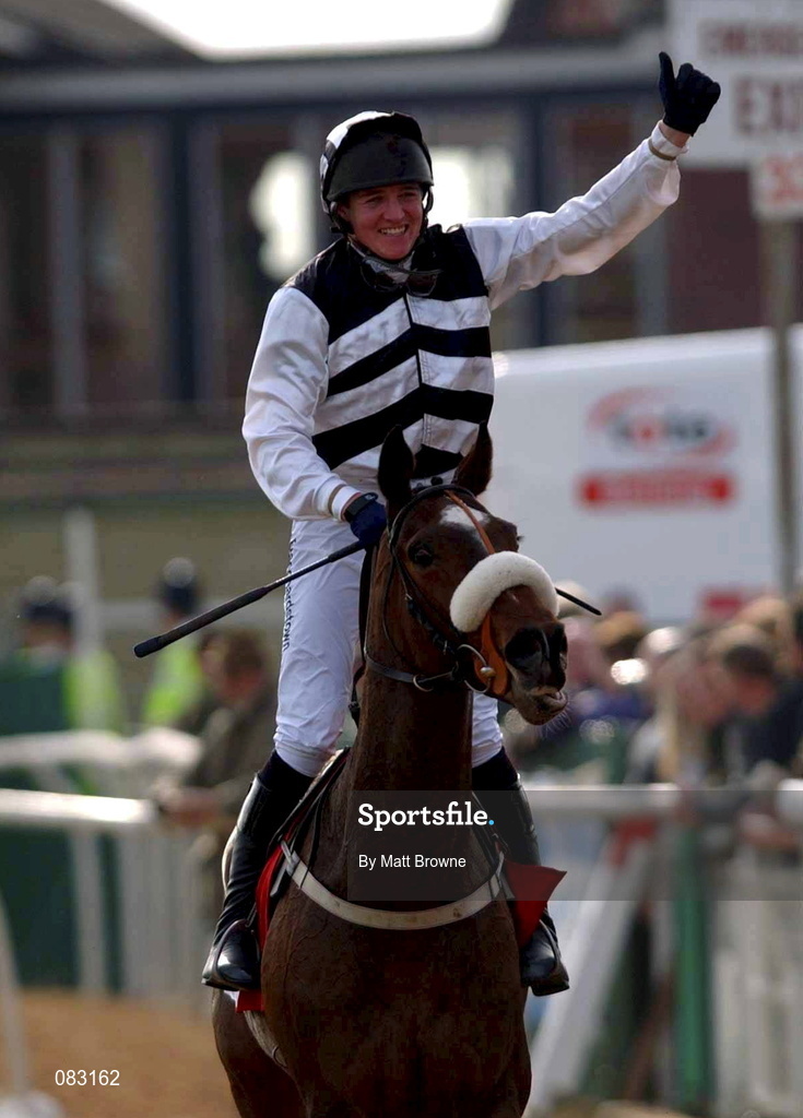 12 March 2002; Moscow Flyer with Barry Geraghty up celebrates after winning the Irish Independent Arkle Challenge Trophy Steeplechase during Day One of the Cheltenham Racing Festival at Prestbury Park in Cheltenham, England. Photo by Matt Browne/Sportsfile