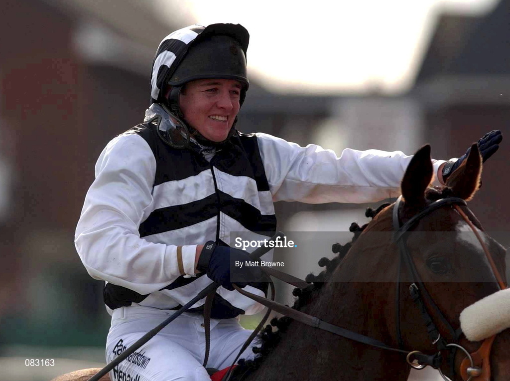 12 March 2002; Moscow Flyer with Barry Geraghty up celebrates after winning the Irish Independent Arkle Challenge Trophy Steeplechase during Day One of the Cheltenham Racing Festival at Prestbury Park in Cheltenham, England. Photo by Matt Browne/Sportsfile