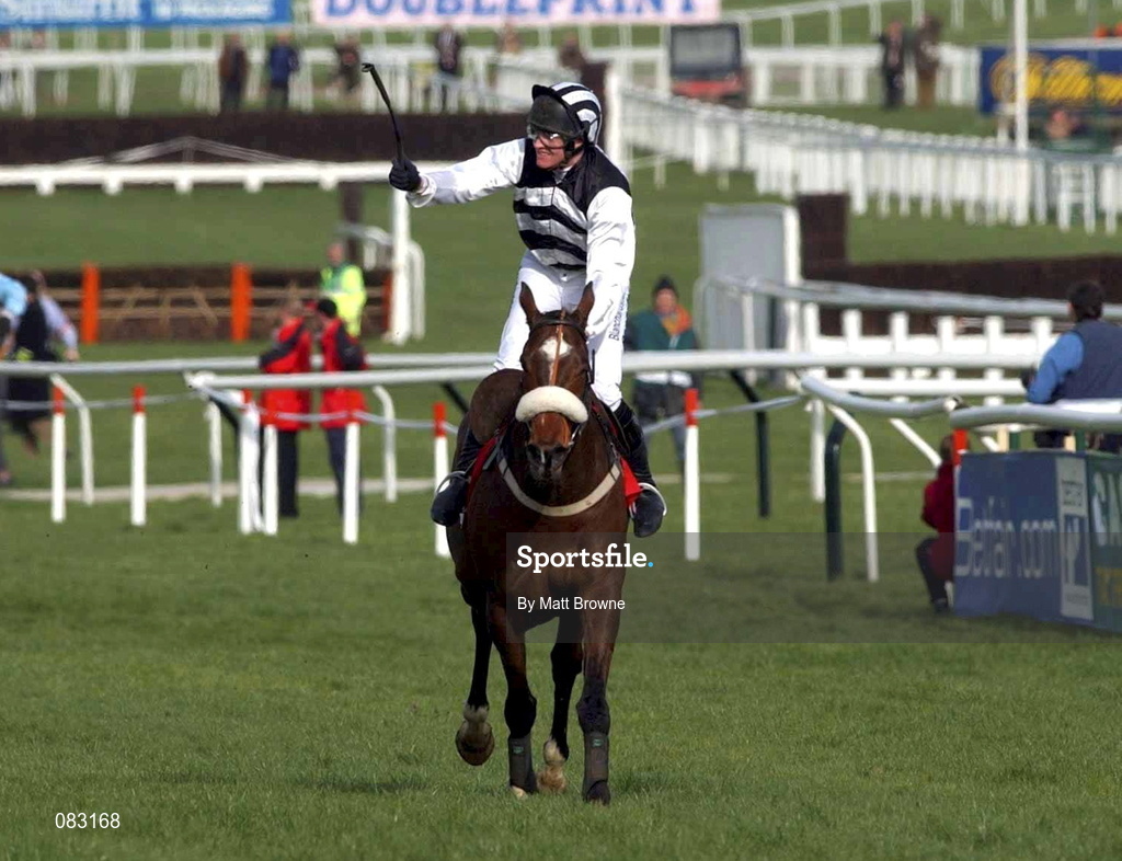 12 March 2002; Moscow Flyer with Barry Geraghty up goes on to win the Irish Independent Arkle Challenge Trophy Steeplechase during Day One of the Cheltenham Racing Festival at Prestbury Park in Cheltenham, England. Photo by Matt Browne/Sportsfile