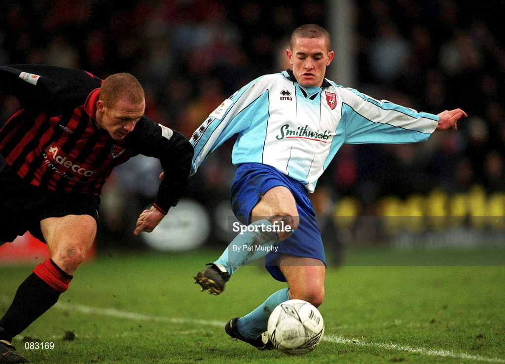 10 March 2002; Tommy McCallion of Derry City in action against Glen Crowe of Bohemians during the Carlsberg FAI Cup Semi-Final match between Bohemians and Derry City at Dalymount Park in Dublin. Photo by Pat Murphy/Sportsfile