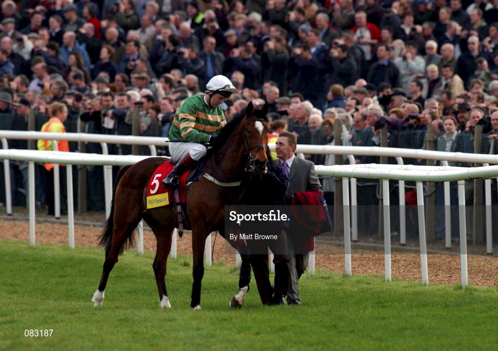12 March 2002; Istabraq with Charlie Swan up makes his way back to the stand during Day One of the Cheltenham Racing Festival at Prestbury Park in Cheltenham, England. Photo by Matt Browne/Sportsfile