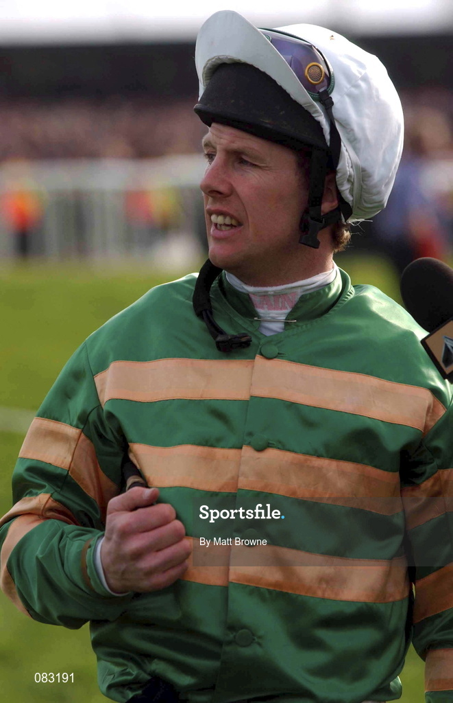12 March 2002; Jockey Charlie Swan pictured after Istabraq had pulled up in The Smurfit Champion Hurdle Challenge Trophy during Day One of the Cheltenham Racing Festival at Prestbury Park in Cheltenham, England. Photo by Matt Browne/Sportsfile