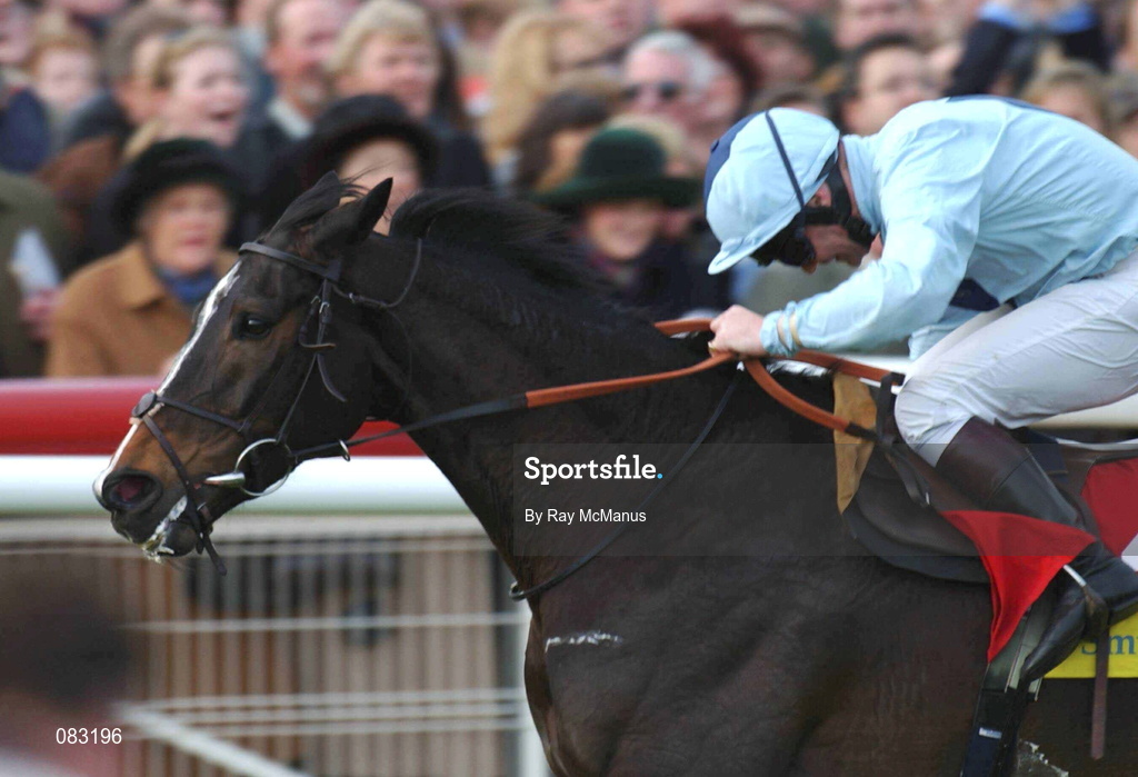12 March 2002; Hors La loi 111 with Dean Gallegher up race on after the last to win the Champion Hurdle during Day One of the Cheltenham Racing Festival at Prestbury Park in Cheltenham, England. Photo by Ray McManus/Sportsfile