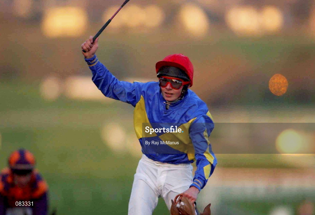 12 March 2002; Jamie Spencer celebrates after winning The Weatherbys Champion Bumper Flat Race on Pizarro during Day One of the Cheltenham Racing Festival at Prestbury Park in Cheltenham, England. Photo by Ray McManus/Sportsfile