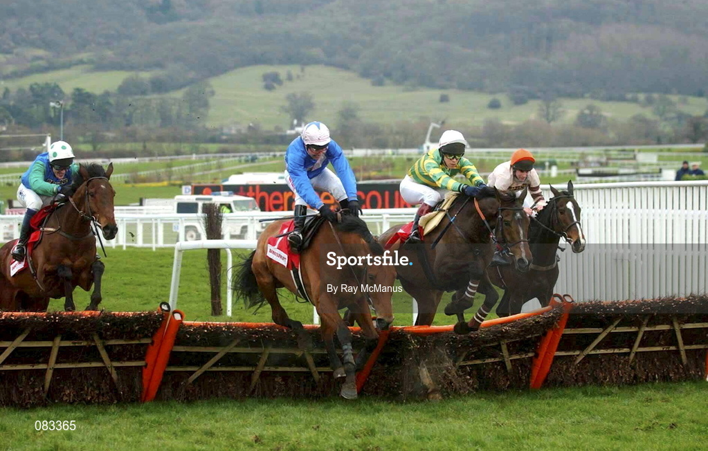 12 March 2002; Baracouda, second from right, with theirry Doumen up jumps the last on the way to win The Bonusprint Stayers Hurdle Race during Day One of the Cheltenham Racing Festival at Prestbury Park in Cheltenham, England. Photo by Ray McManus/Sportsfile