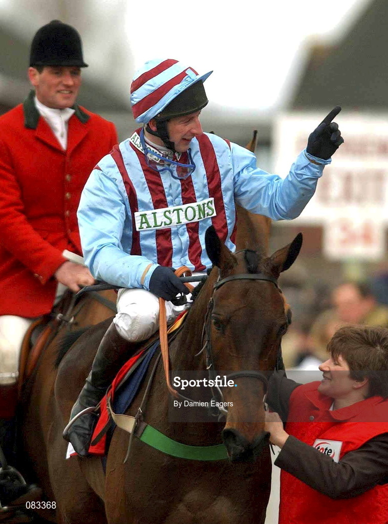 12 March 2002; Jim Culloty on Best Mate celebrates after winning The Tote Cheltenham Gold Cup Steeple Chase during Day One of the Cheltenham Racing Festival at Prestbury Park in Cheltenham, England. Photo by Damien Eagers/Sportsfile