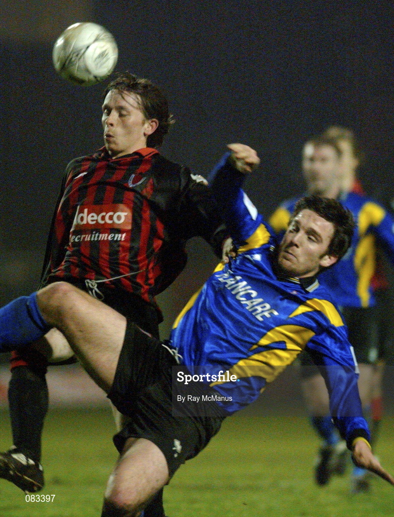 15 March 2002; Bobby Ryan of Bohemians in action against Stuart Byrne of Longford Town during the Eircom League Premier Division match between Bohemians and Longford Town at Dalymount Park in Dublin. Photo by Ray McManus/Sportsfile
