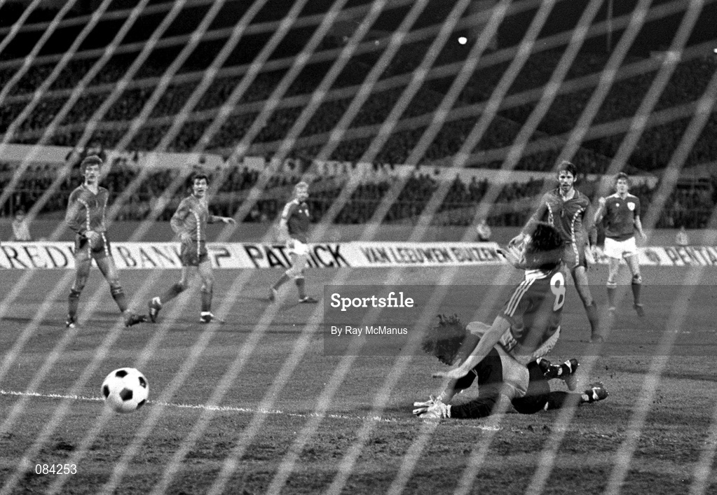 25 March 1981; Frank Stapleton of Republic of Ireland, 8, scores a goal for his side but the goal was dissallowed by Portuguese referee Raul Nazare during the Fifa World Cup Group 2 Qualifying match between Belgium and Republic of Ireland at Heysel Stadium in Brussels, Belgium. Photo by Ray McManus/Sportsfile