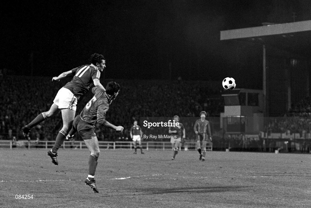 25 March 1981; Michael Robinson of Republic of Ireland in action against Belgium during the Fifa World Cup Group 2 Qualifying match between Belgium and Republic of Ireland at Heysel Stadium in Brussels, Belgium. Photo by Ray McManus/Sportsfile