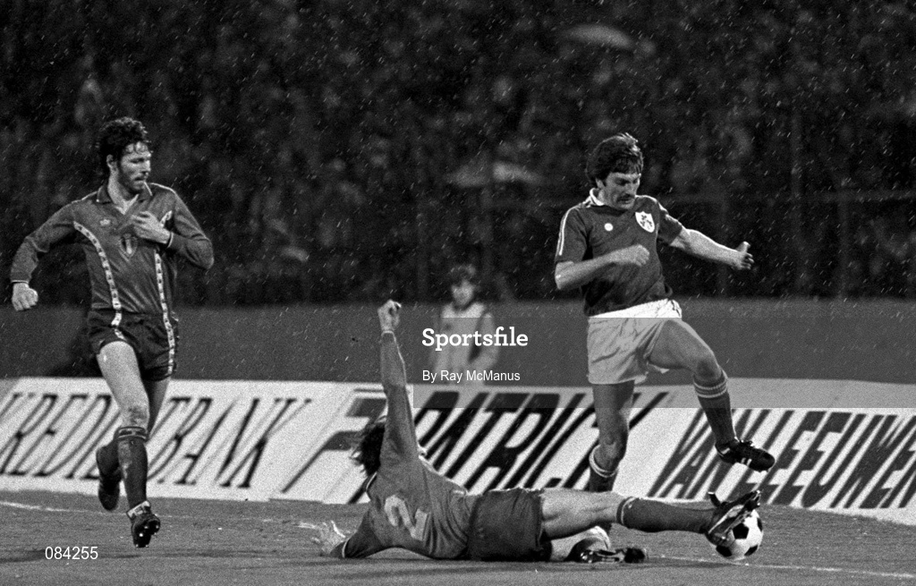 25 March 1981; Steve Heighway of Republic of Ireland in action against Eric Gerets of Belgium during the Fifa World Cup Group 2 Qualifying match between Belgium and Republic of Ireland at Heysel Stadium in Brussels, Belgium. Photo by Ray McManus/Sportsfile