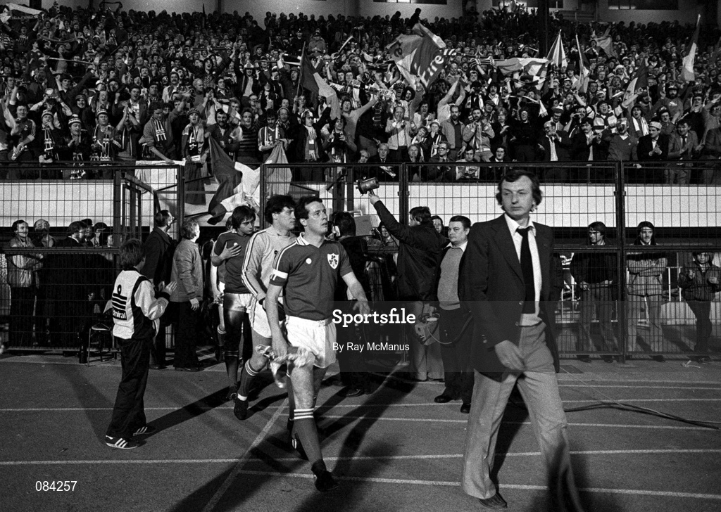 25 March 1981; Liam Brady leads the Republic of Ireland team out against Belgium ahead of the Fifa World Cup Group 2 Qualifying match between Belgium and Republic of Ireland at Heysel Stadium in Brussels, Belgium. Photo by Ray McManus/Sportsfile