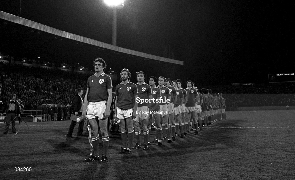 25 March 1981; Republic of Ireland Kevin Moran, Tony Grelish, Dave Langan, Chris Hughton, Mick Martin, Steve Heighway, Gerry Daly, Frank Stapleton, Michael Robinson, Gerry Payton and captain Liam Brady ahead of the Fifa World Cup Group 2 Qualifying match between Belgium and Republic of Ireland at Heysel Stadium in Brussels, Belgium. Photo by Ray McManus/Sportsfile