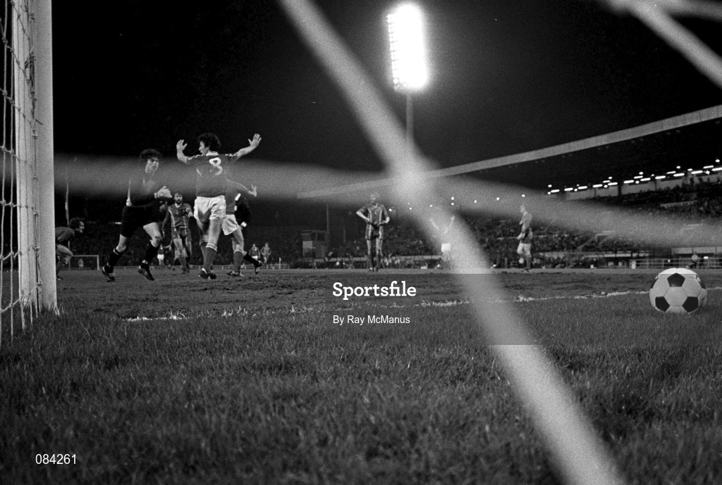 25 March 1981; Frank Stapleton of Republic of Ireland, 8, scores a goal for his side but the goal was dissallowed by Portuguese referee Raul Nazare during the Fifa World Cup Group 2 Qualifying match between Belgium and Republic of Ireland at Heysel Stadium in Brussels, Belgium. Photo by Ray McManus/Sportsfile