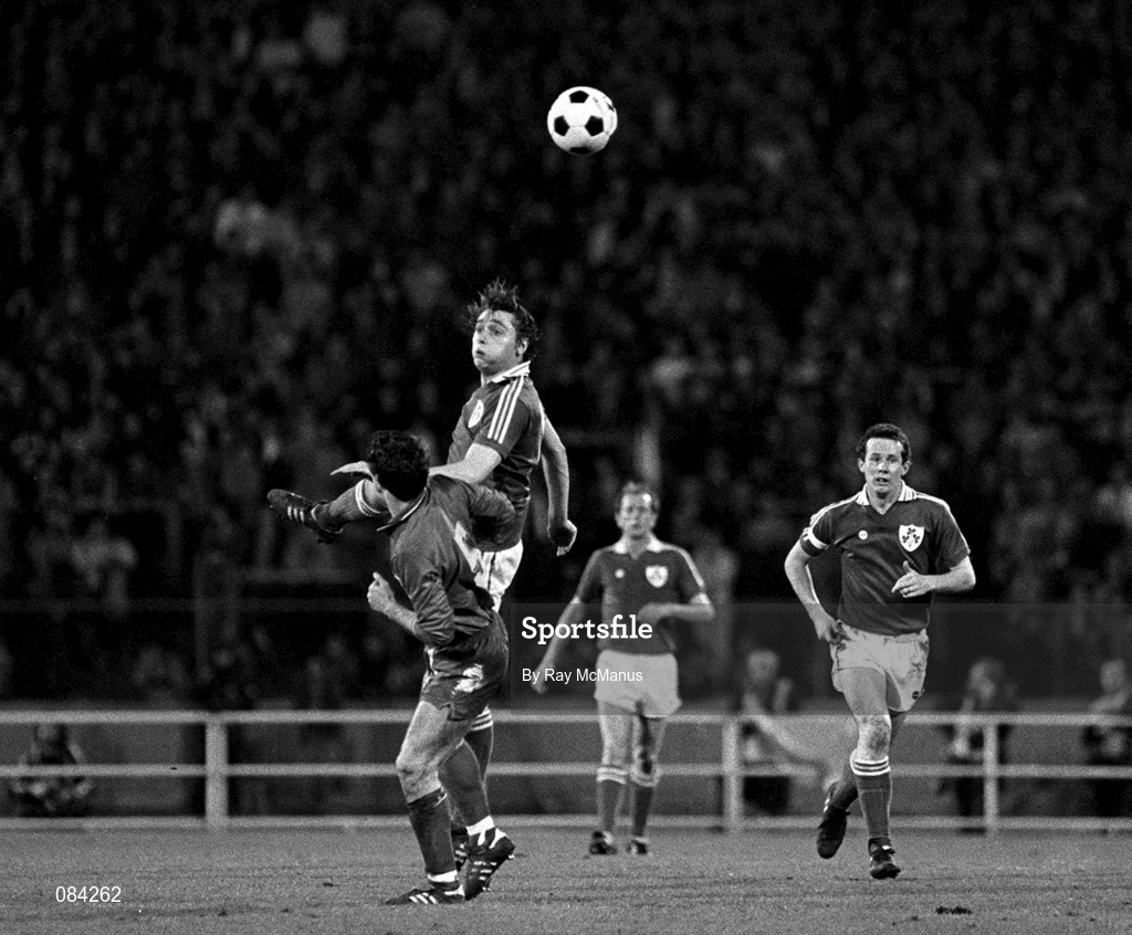 25 March 1981; Michael Robinson of Republic of Ireland in action against Belgium during the Fifa World Cup Group 2 Qualifying match between Belgium and Republic of Ireland at Heysel Stadium in Brussels, Belgium. Photo by Ray McManus/Sportsfile
