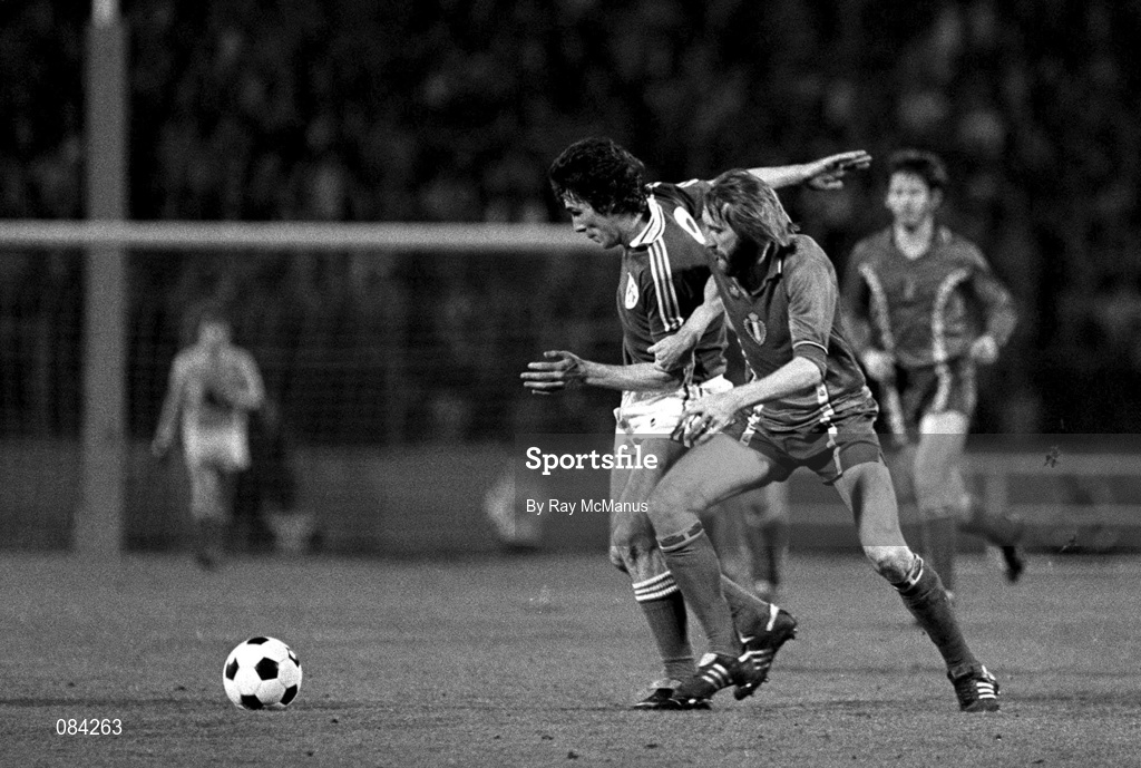 25 March 1981; Frank Stapleton of Republic of Ireland in action against Belgium during the Fifa World Cup Group 2 Qualifying match between Belgium and Republic of Ireland at Heysel Stadium in Brussels, Belgium. Photo by Ray McManus/Sportsfile
