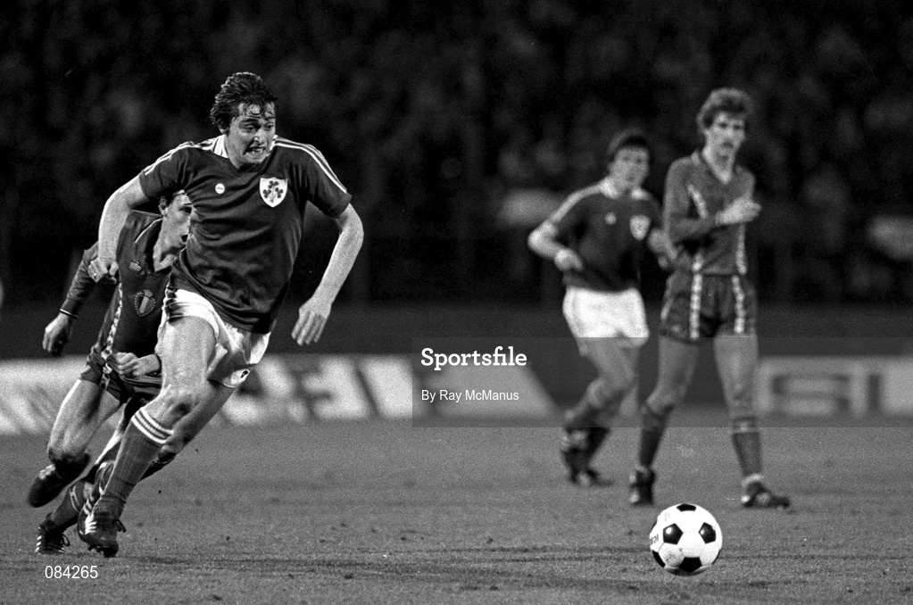 25 March 1981; Michael Robinson of Republic of Ireland in action against Belgium during the Fifa World Cup Group 2 Qualifying match between Belgium and Republic of Ireland at Heysel Stadium in Brussels, Belgium. Photo by Ray McManus/Sportsfile