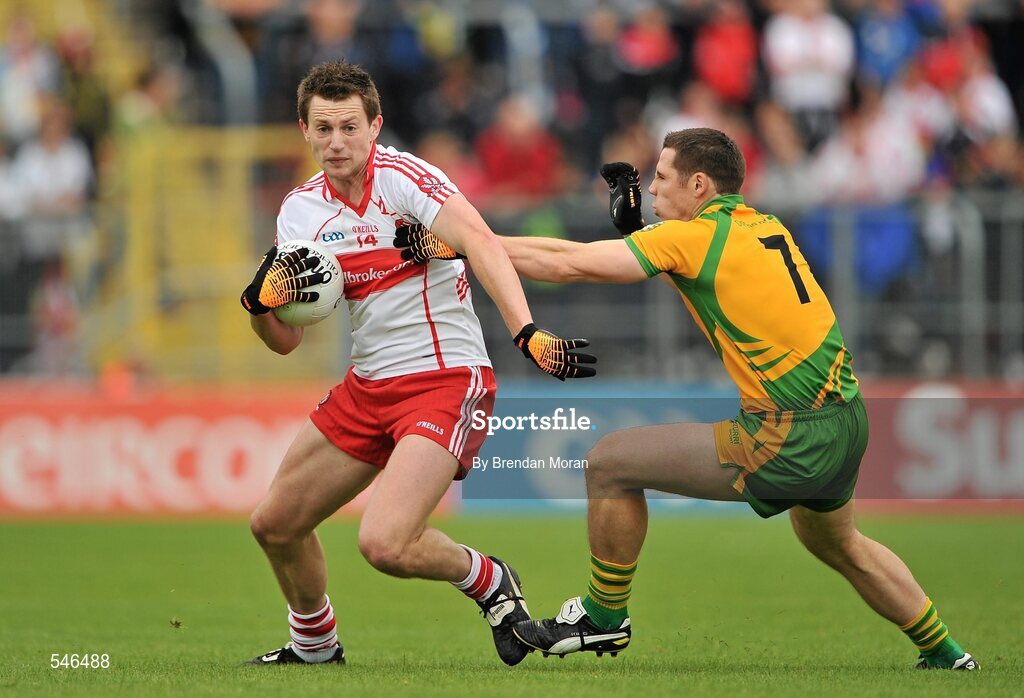 17 July 2011; James Kielt, Derry, in action against Kevin Cassidy, Donegal. Ulster GAA Football Senior Championship Final, Derry v Donegal, St Tiernach's Park, Clones, Co. Monaghan. Picture credit: Brendan Moran / SPORTSFILE