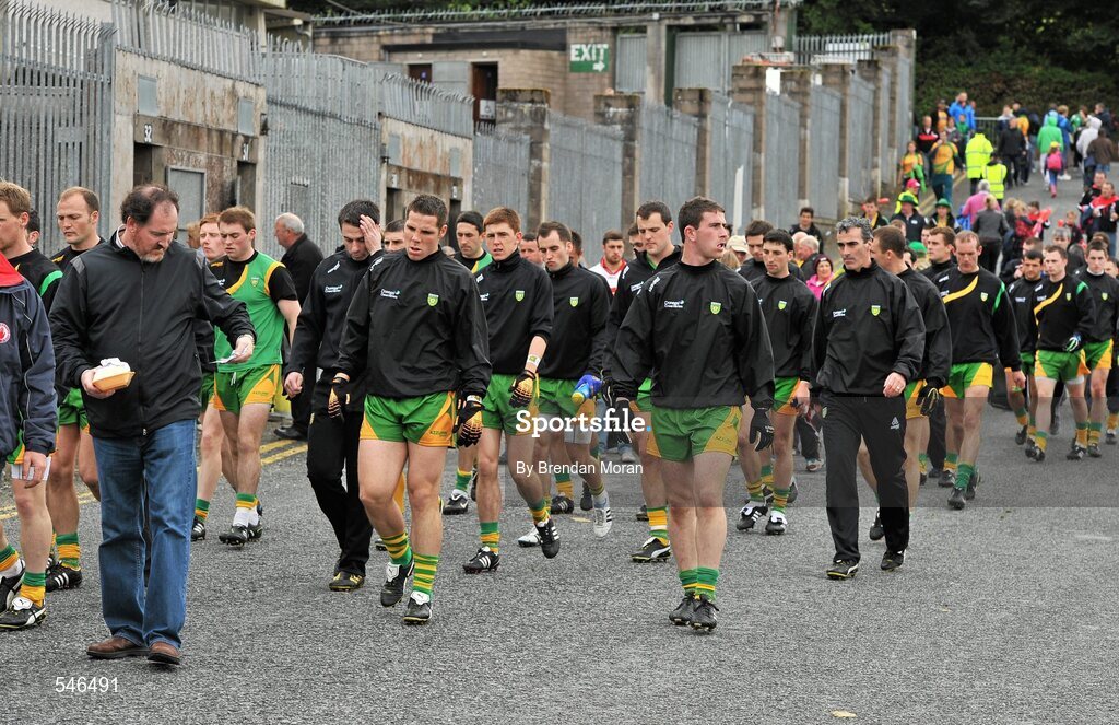 17 July 2011; The Donegal team make their way into the ground before the game. Ulster GAA Football Senior Championship Final, Derry v Donegal, St Tiernach's Park, Clones, Co. Monaghan. Picture credit: Brendan Moran / SPORTSFILE