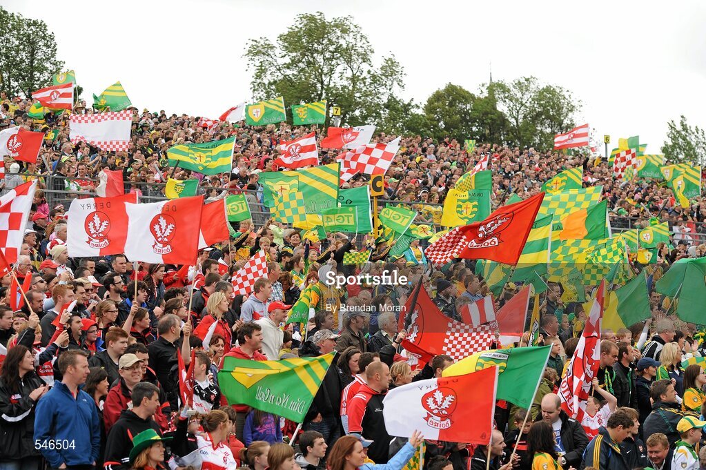 17 July 2011; A general view of Donegal and Derry flags. Ulster GAA Football Senior Championship Final, Derry v Donegal, St Tiernach's Park, Clones, Co. Monaghan. Picture credit: Brendan Moran / SPORTSFILE