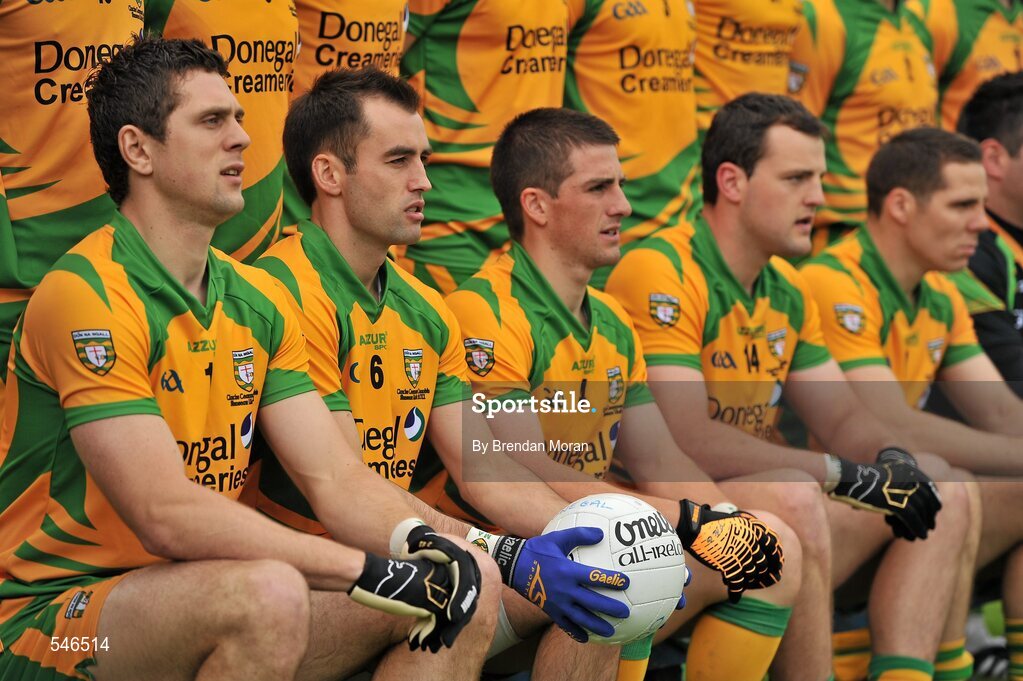 17 July 2011; Karl Lacey, 2nd from left, Donegal, sits with his team-mates for the team photograph before the game. Ulster GAA Football Senior Championship Final, Derry v Donegal, St Tiernach's Park, Clones, Co. Monaghan. Picture credit: Brendan Moran / SPORTSFILE