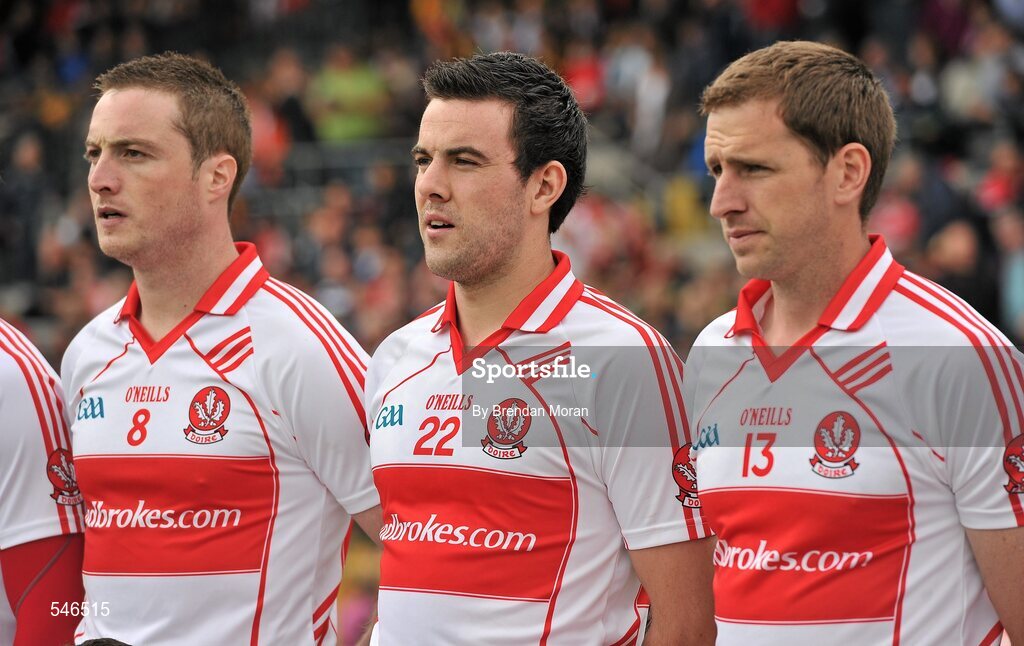 17 July 2011; Derry players, from left, Joe Diver, Caolan O'Boyle and Enda Muldoon stand for the team photograph before the game. Ulster GAA Football Senior Championship Final, Derry v Donegal, St Tiernach's Park, Clones, Co. Monaghan. Picture credit: Brendan Moran / SPORTSFILE