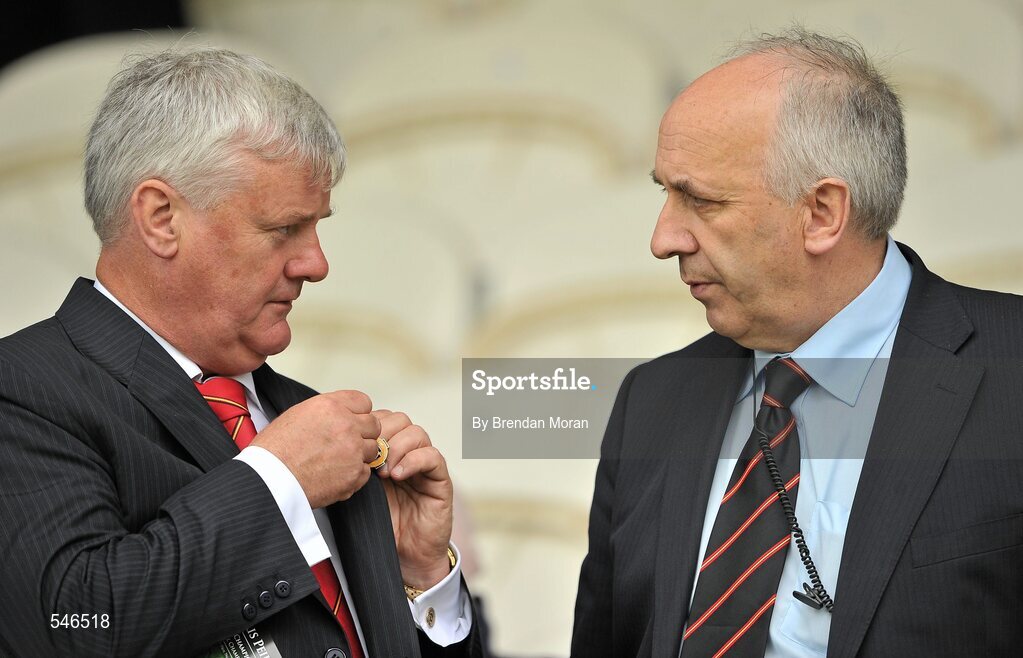 17 July 2011; Aogan Farrell, left, President of the Ulster Council, in conversation with Danny Murphy, Provincial Director and Secretary of the Ulster Council. Ulster GAA Football Senior Championship Final, Derry v Donegal, St Tiernach's Park, Clones, Co. Monaghan. Picture credit: Brendan Moran / SPORTSFILE