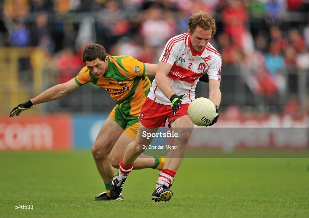 17 July 2011; Sean Leo McGoldrick, Derry, in action against Ryan Bradley, Donegal. Ulster GAA Football Senior Championship Final, Derry v Donegal, St Tiernach's Park, Clones, Co. Monaghan. Picture credit: Brendan Moran / SPORTSFILE