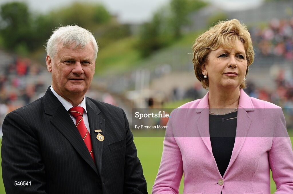 17 July 2011; President Mary McAleese with Aogan Farrell, President of the Ulster Council. Ulster GAA Football Senior Championship Final, Derry v Donegal, St Tiernach's Park, Clones, Co. Monaghan. Picture credit: Brendan Moran / SPORTSFILE