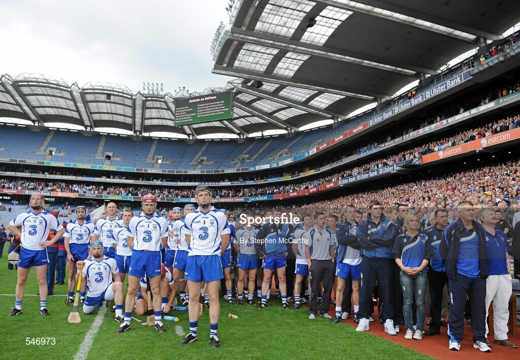 7 August 2011; The Waterford squad, managment and backroom staff during the National Anthem. GAA Hurling All-Ireland Senior Championship Semi-Final, Kilkenny v Waterford, Croke Park, Dublin. Picture credit: Stephen McCarthy / SPORTSFILE