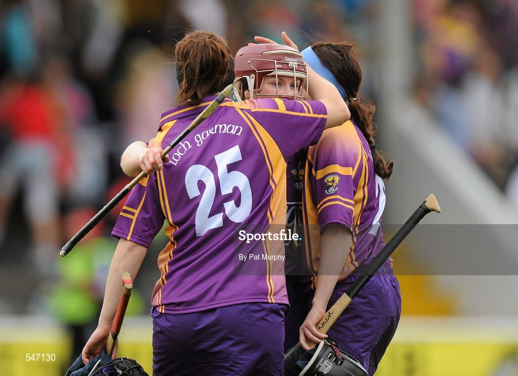 13 August 2011; Wexford's Evelyn Quigley, centre, Louise O'Leary, left, and Ciara O'Connor, right, celebrate after the game. All-Ireland Senior Camogie Championship Semi-Final in association with RTE Sport, Cork v Wexford, Nowlan Park, Kilkenny. Picture credit: Pat Murphy / SPORTSFILE
