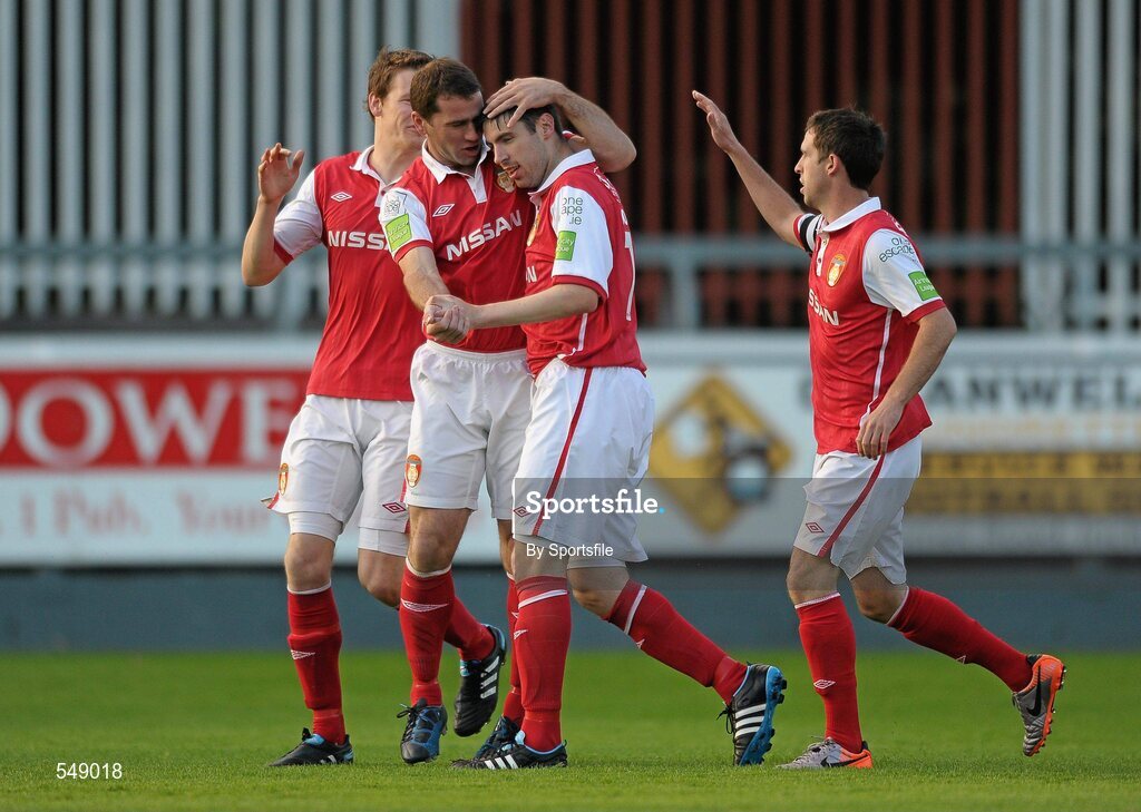 19 August 2011; Derek Doyle, second from right, St Patrick's Athletic, is congratulated by team-mates after scoring his side's first goal. Airtricity League Premier Division, St Patrick's Athletic v Drogheda United, Richmond Park, Dublin. Photo by Sportsfile