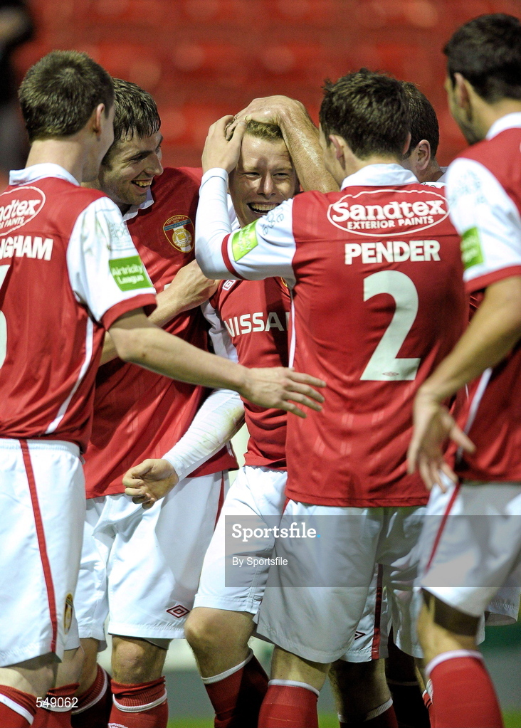 19 August 2011; Daniel North, St Patrick's Athletic, is congratulated by team-mates after scoring his side's third goal. Airtricity League Premier Division, St Patrick's Athletic v Drogheda United, Richmond Park, Dublin. Photo by Sportsfile