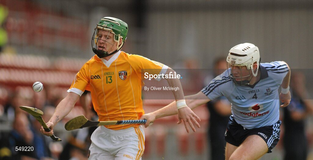 20 August 2011; Dessie McLean, Antrim, in action against Jack Doughan, Dublin. Bord Gais Energy GAA Hurling Under 21 All-Ireland Championship Semi-Final, Antrim v Dublin, Pairc Esler, Newry, Co. Down. Picture credit: Oliver McVeigh / SPORTSFILE