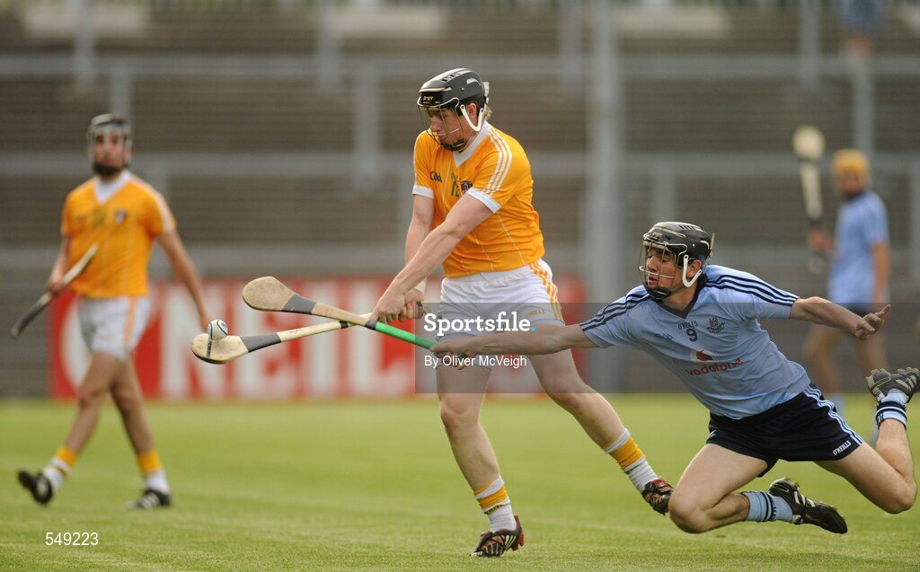 20 August 2011; Tony McCloskey, Antrim, in action against Danny Sutcliffe, Dublin. Bord Gais Energy GAA Hurling Under 21 All-Ireland Championship Semi-Final, Antrim v Dublin, Pairc Esler, Newry, Co. Down. Picture credit: Oliver McVeigh / SPORTSFILE