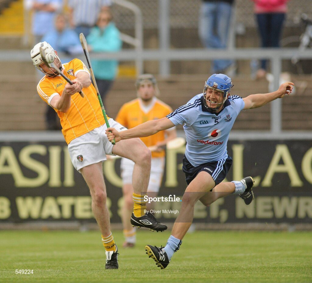 20 August 2011; Paddy McNaughton, Antrim, in action against Dean Curran, Dublin. Bord Gais Energy GAA Hurling Under 21 All-Ireland Championship Semi-Final, Antrim v Dublin, Pairc Esler, Newry, Co. Down. Picture credit: Oliver McVeigh / SPORTSFILE