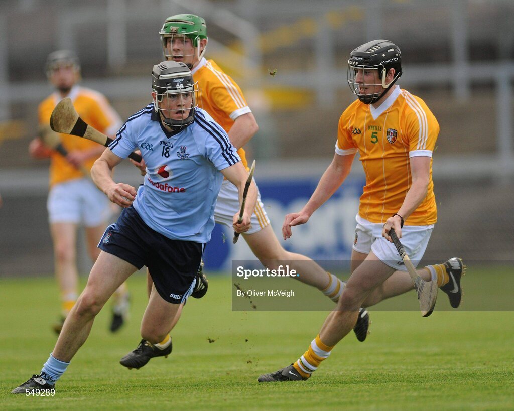 20 August 2011; Tomas Connolly, Dublin, in action against Michael Armstrong, Antrim. Bord Gais Energy GAA Hurling Under 21 All-Ireland Championship Semi-Final, Antrim v Dublin, Pairc Esler, Newry, Co. Down. Picture credit: Oliver McVeigh / SPORTSFILE