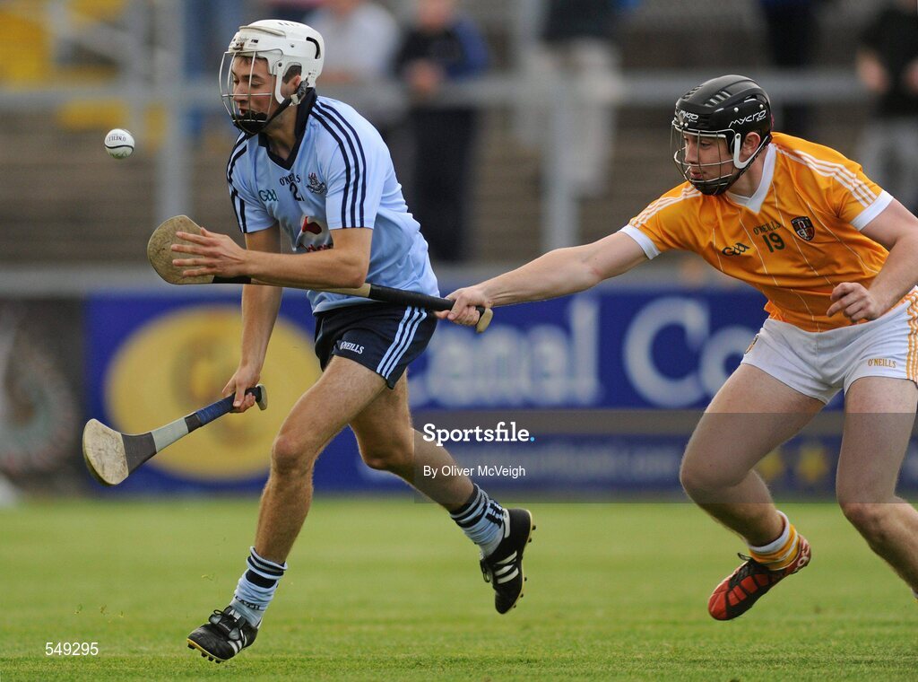 20 August 2011; Odran O'Maoileidigh, Dublin, in action against Adrian Downey, Antrim. Bord Gais Energy GAA Hurling Under 21 All-Ireland Championship Semi-Final, Antrim v Dublin, Pairc Esler, Newry, Co. Down. Picture credit: Oliver McVeigh / SPORTSFILE