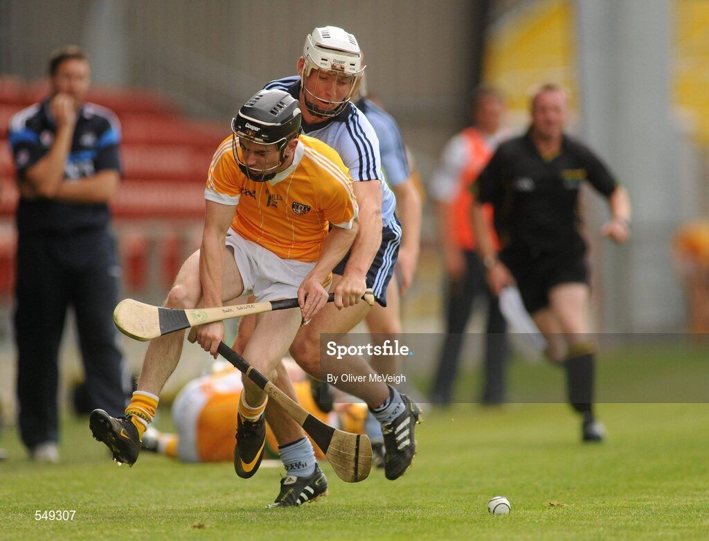 20 August 2011; Stephen Smyth, Antrim, in action against Mak Schutte, Dublin. Bord Gais Energy GAA Hurling Under 21 All-Ireland Championship Semi-Final, Antrim v Dublin, Pairc Esler, Newry, Co. Down. Picture credit: Oliver McVeigh / SPORTSFILE