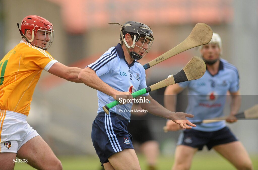 20 August 2011; Danny Sutcliffe, Dublin, in action against Conor McCann, Antrim. Bord Gais Energy GAA Hurling Under 21 All-Ireland Championship Semi-Final, Antrim v Dublin, Pairc Esler, Newry, Co. Down. Picture credit: Oliver McVeigh / SPORTSFILE