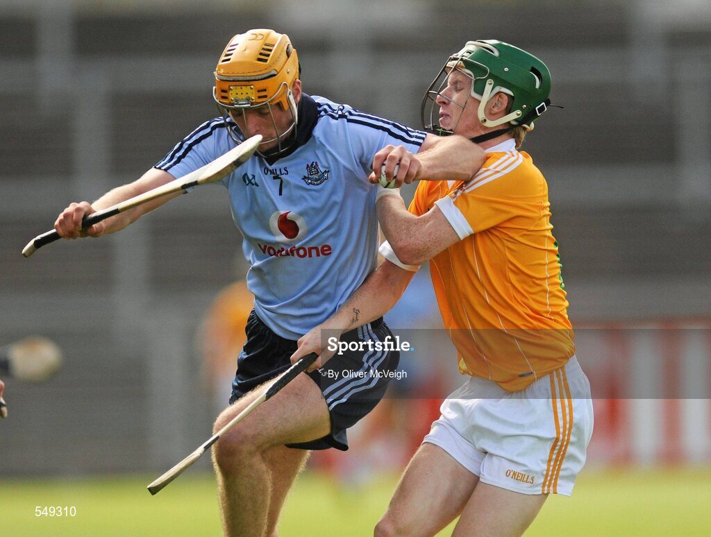 20 August 2011; Martin Quilty, Dublin, in action against Dessie McLean, Antrim. Bord Gais Energy GAA Hurling Under 21 All-Ireland Championship Semi-Final, Antrim v Dublin, Pairc Esler, Newry, Co. Down. Picture credit: Oliver McVeigh / SPORTSFILE