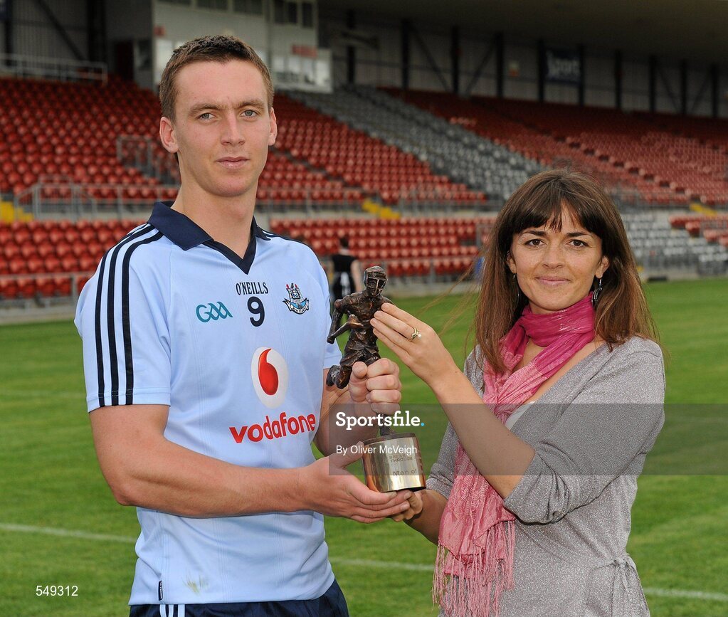 20 August 2011; Mark Schutte, Dublin, is presented with his Bord Gais Energy Man of the Match award by Irene Gowing, Sponsorship manager, Bord Gais Energy. Bord Gais Energy GAA Hurling Under 21 All-Ireland Championship Semi-Final, Antrim v Dublin, Pairc Esler, Newry, Co. Down. Picture credit: Oliver McVeigh / SPORTSFILE
