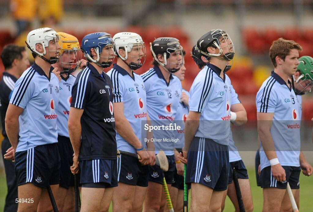 20 August 2011; The Dublin team standing for the National Anthem. Bord Gais Energy GAA Hurling Under 21 All-Ireland Championship Semi-Final, Antrim v Dublin, Pairc Esler, Newry, Co. Down. Picture credit: Oliver McVeigh / SPORTSFILE