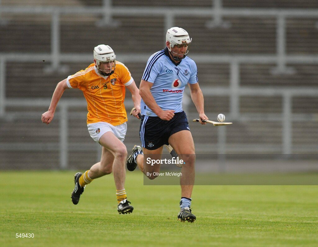 20 August 2011; Mark Schutte, Dublin, in action against Paddy McNaughton, Antrim. Bord Gais Energy GAA Hurling Under 21 All-Ireland Championship Semi-Final, Antrim v Dublin, Pairc Esler, Newry, Co. Down. Picture credit: Oliver McVeigh / SPORTSFILE