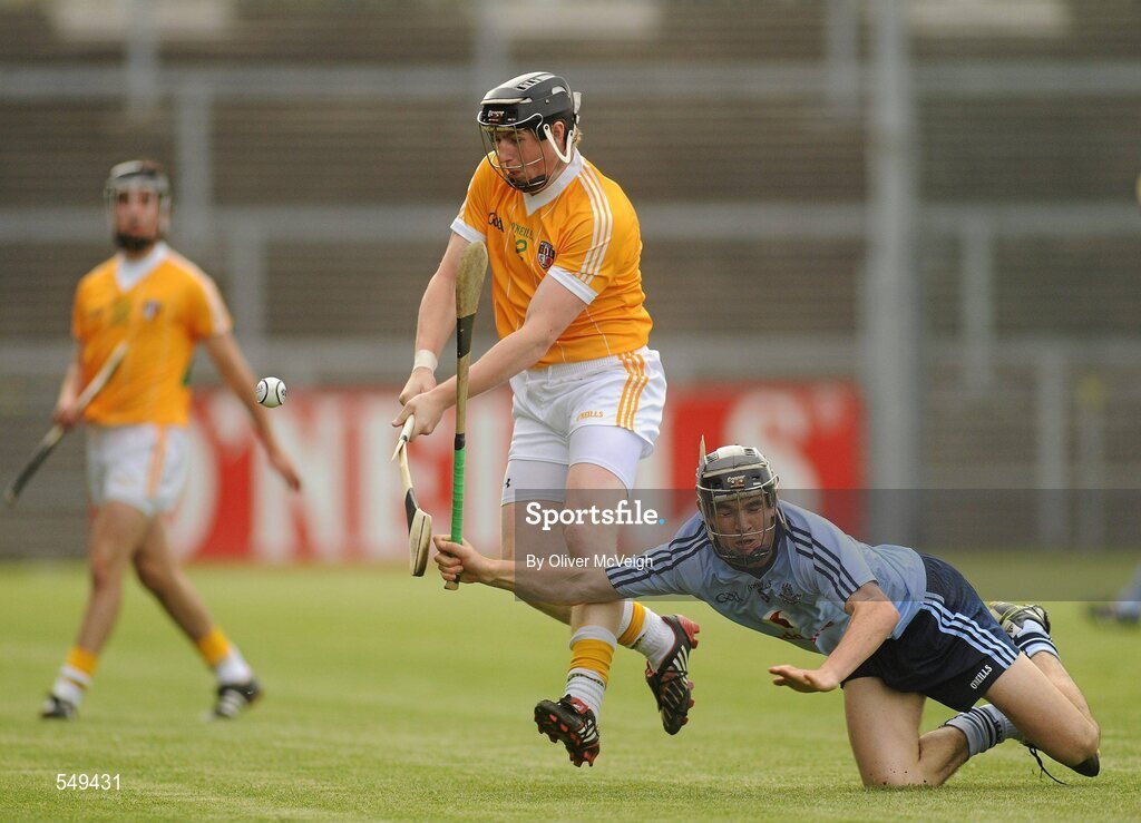 20 August 2011; Tony McCloskey, Antrim, in action against Danny Sutcliffe, Dublin. Bord Gais Energy GAA Hurling Under 21 All-Ireland Championship Semi-Final, Antrim v Dublin, Pairc Esler, Newry, Co. Down. Picture credit: Oliver McVeigh / SPORTSFILE