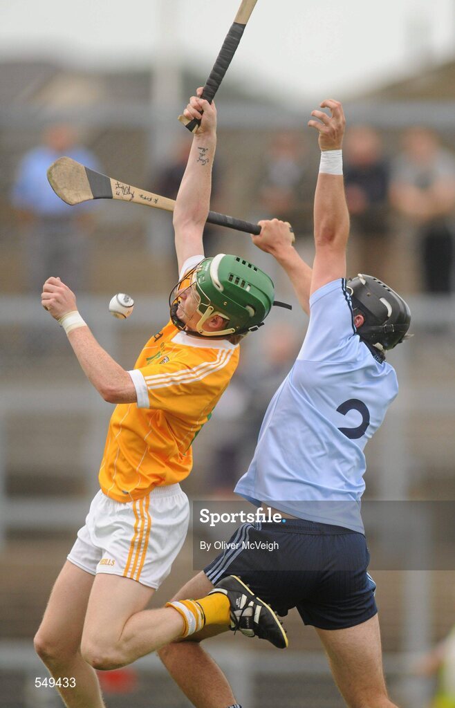 20 August 2011; Dessie McLean, Antrim, in action against Bill O'Carroll, Dublin. Bord Gais Energy GAA Hurling Under 21 All-Ireland Championship Semi-Final, Antrim v Dublin, Pairc Esler, Newry, Co. Down. Picture credit: Oliver McVeigh / SPORTSFILE