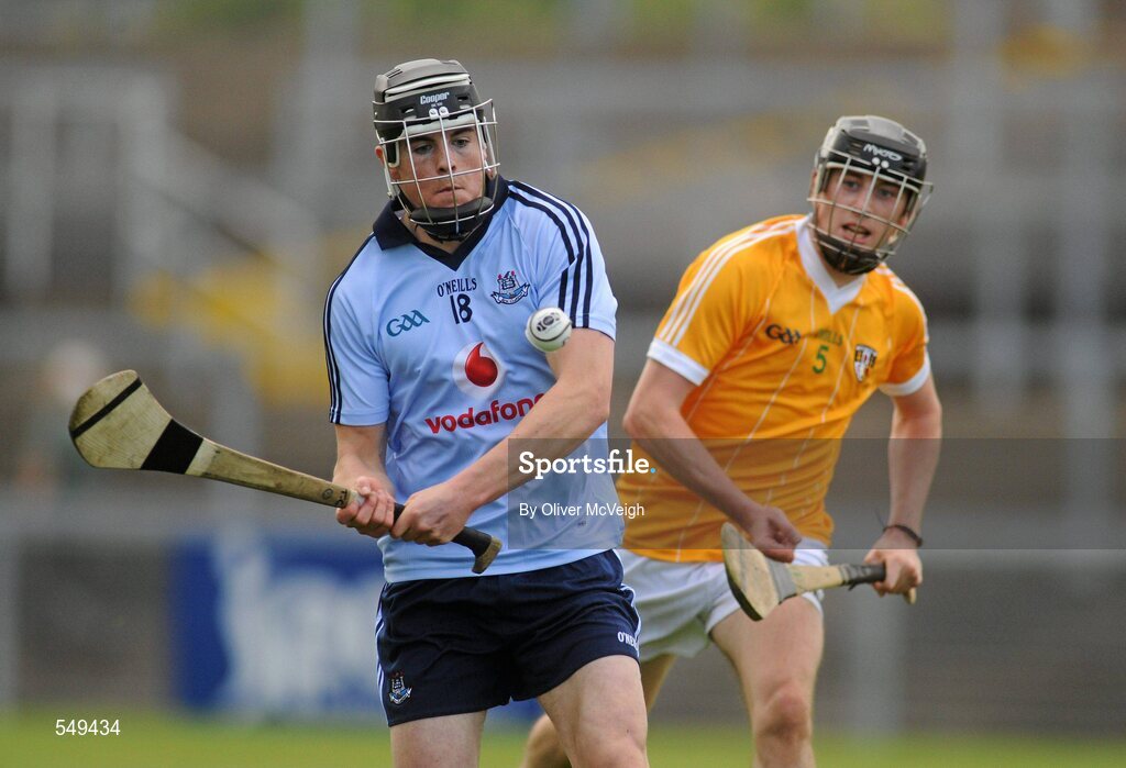 20 August 2011; Tomas Connolly, Dublin, in action against Michael Armstrong, Antrim. Bord Gais Energy GAA Hurling Under 21 All-Ireland Championship Semi-Final, Antrim v Dublin, Pairc Esler, Newry, Co. Down. Picture credit: Oliver McVeigh / SPORTSFILE