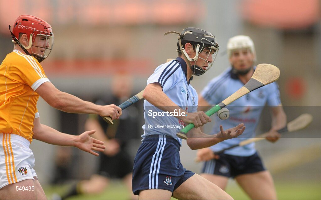 20 August 2011; Danny Sutcliffe, Dublin, in action against Conor McCann, Antrim. Bord Gais Energy GAA Hurling Under 21 All-Ireland Championship Semi-Final, Antrim v Dublin, Pairc Esler, Newry, Co. Down. Picture credit: Oliver McVeigh / SPORTSFILE