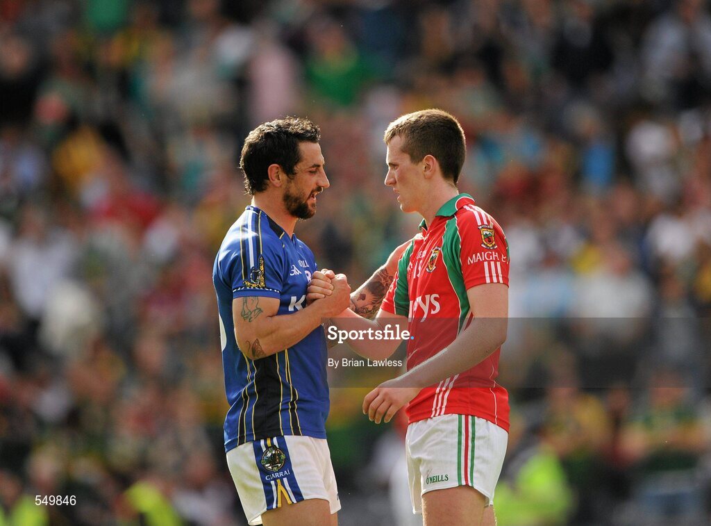 21 August 2011; Paul Galvin, Kerry, with Cillian O'Connor, Mayo, after the match. GAA Football All-Ireland Senior Championship Semi-Final, Mayo v Kerry, Croke Park, Dublin. Picture credit: Brian Lawless / SPORTSFILE