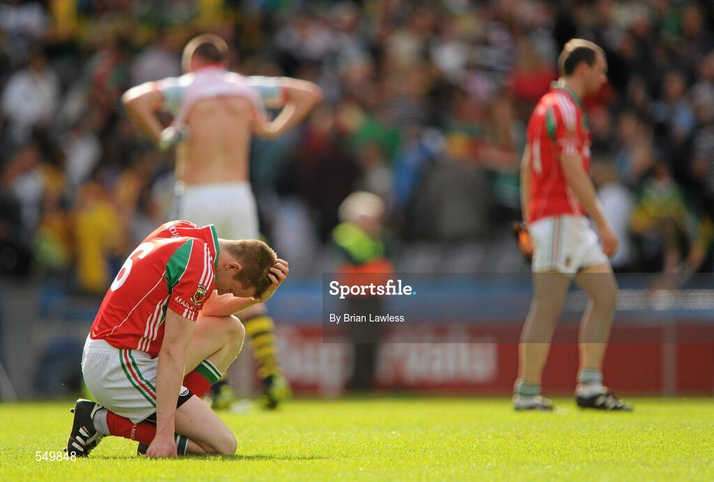 21 August 2011; Mayo's Donal Vaughan shows his disappointment after the match. GAA Football All-Ireland Senior Championship Semi-Final, Mayo v Kerry, Croke Park, Dublin. Picture credit: Brian Lawless / SPORTSFILE